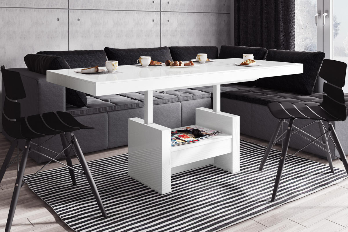 COUCHTISCH rechteckig Weiß Hochglanz Höhenverstellbar ausziehbar 12/75/55 cm - Weiß Hochglanz, Holzwerkstoff (75/120/55cm)