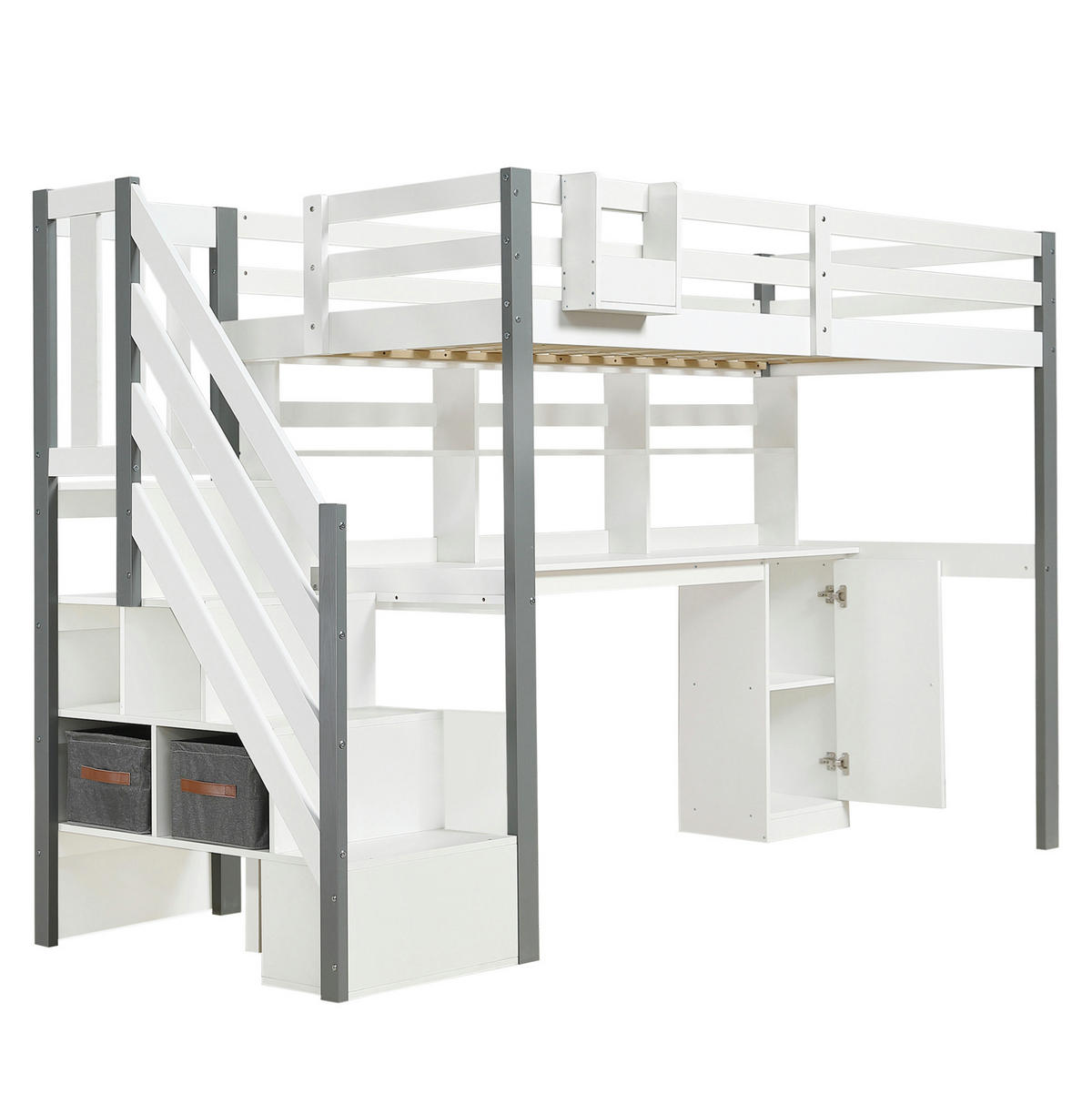 HOCHBETT Kinderbett 90/200 cm aus Kiefer/MDF mit Schreibtisch und Stauraumtreppe Weiß/Grau - Weiß, Holz (90/200cm) - Modenvie