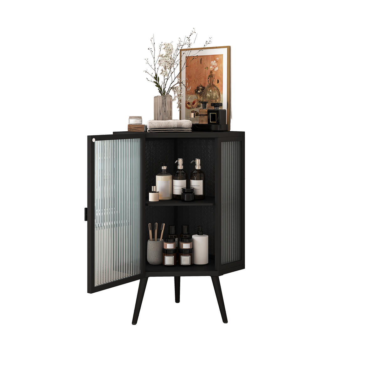 ECKSCHRANK 56/42,5/80 cm, Schwarz, mit Glastüren und Ablageböden - Schwarz, Glas/Holzwerkstoff (56/80/42.5cm) - CHICFURN