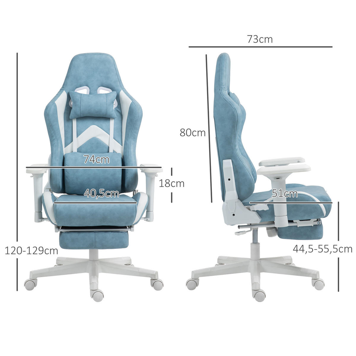 GAMINGSTUHL mit Liegefunktion, höhenverstellbar Schreibtischstuhl bis 120 kg - Blau, Kunststoff (73/129/74cm) - HOMCOM