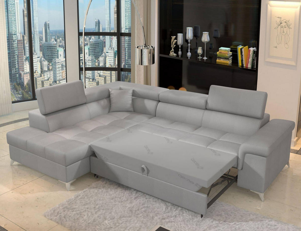 ECKSOFA mit Schlaffunktion und Bettkasten, pflegeleichter Monolith-Stoff - Chromfarben/Grau, Textil/Metall (275/202cm) - Eltap
