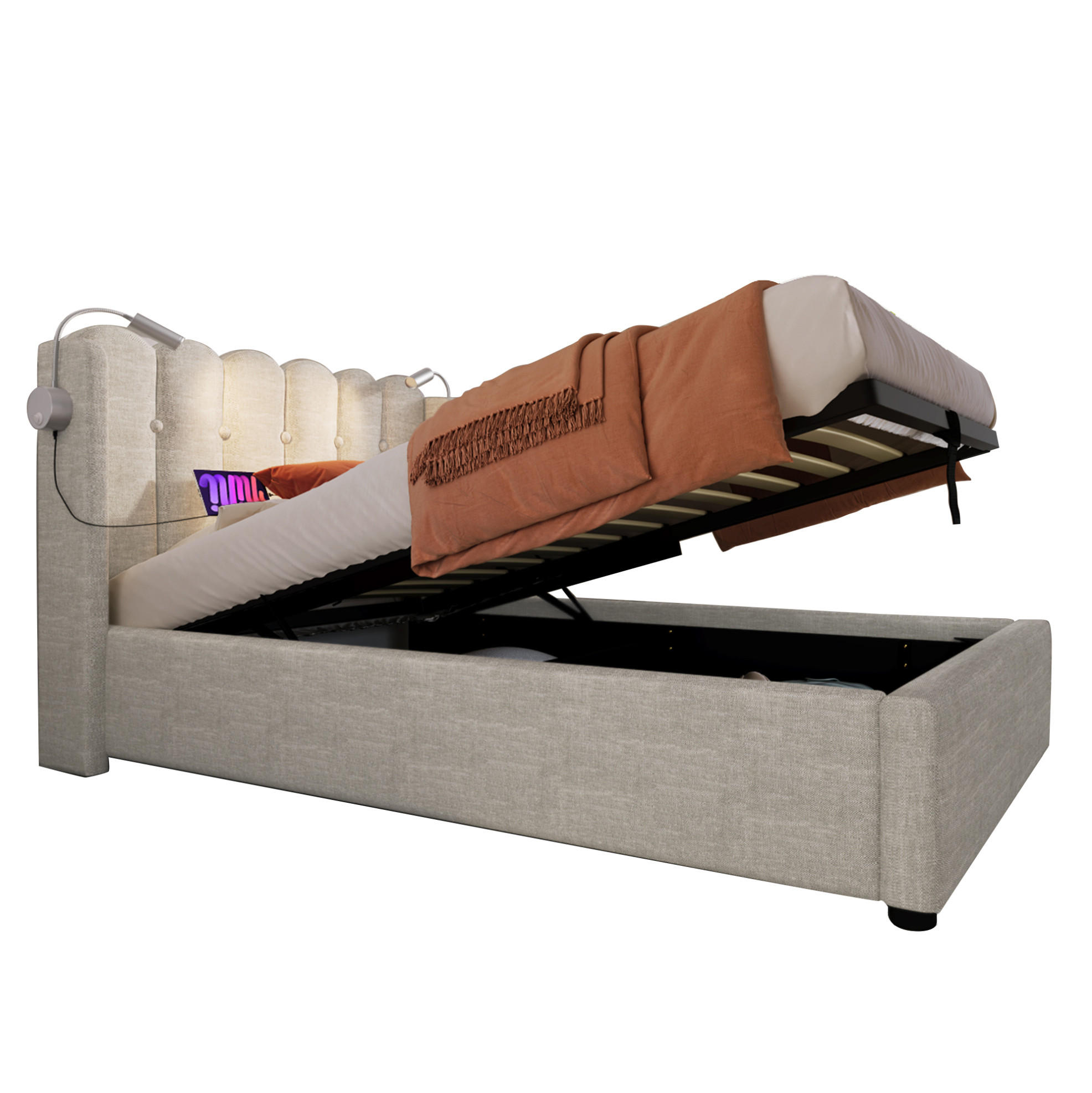 POLSTERBETT 90/200 cm Natürlich aus Leinen mit USB und Leselicht - Naturfarben, Textil (90/200cm) - OKMYHOME