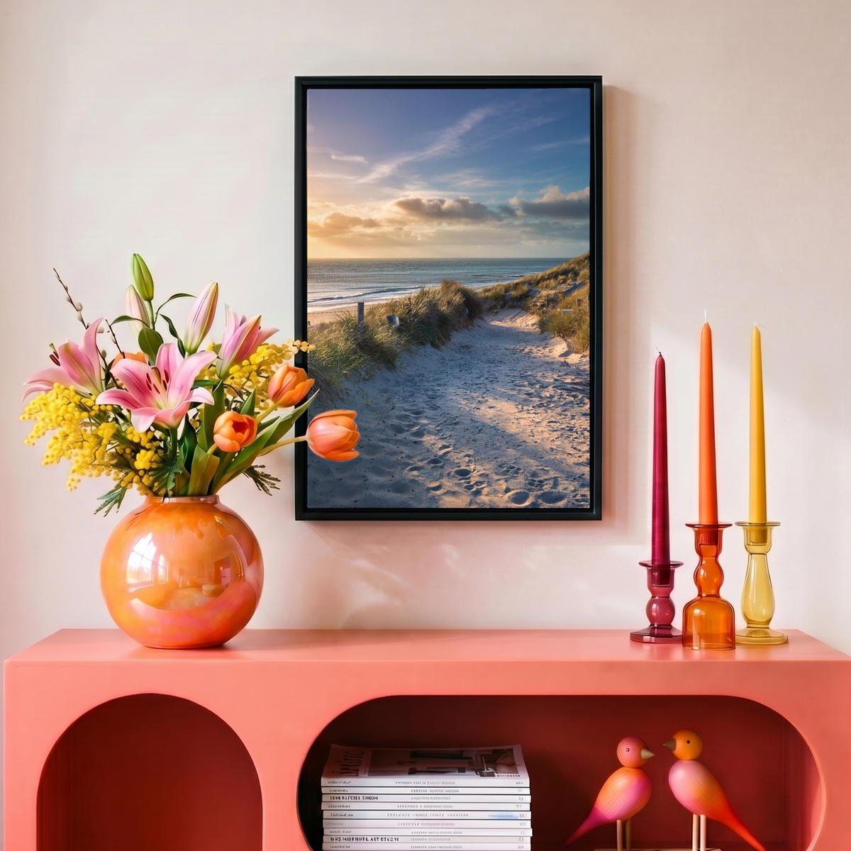 LEINWAND Bilder mit Rahmen - Sonnenuntergang - Strand - Düne - Gras - Ufer - 20x30 - Sandfarben, Textil (20/30cm) - MuchoWow
