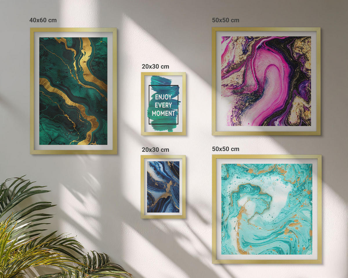 BILDER SET 5er Set - 50x50 cm & 20x30 cm & 40x60 cm Goldrahmen - Abstrakte Muster in Rosa, Grün und Blau - Goldfarben, Kunststoff (40/60cm) - TULUP