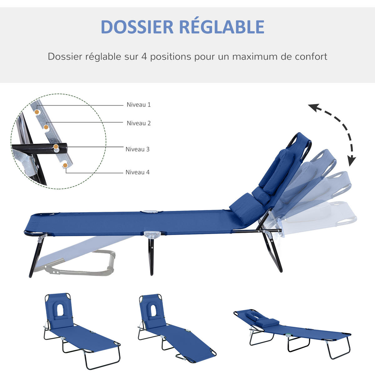 SONNENLIEGE DE-15586 klappbar, 4-fach verstellbar Blau - Blau, Metall (58/36/187cm) - ComfortXL