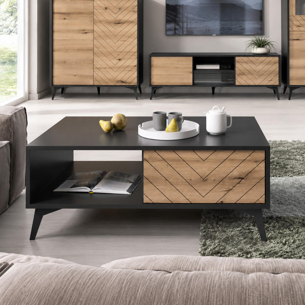 COUCHTISCH DIAMOND Ł2SZ (Eiche Evoke, Schwarz, Fischgrätmuster, Metallfüße, Push to Open) - Eichefarben/Schwarz, Holz/Holzwerkstoff (68/104/40cm) - Ravio