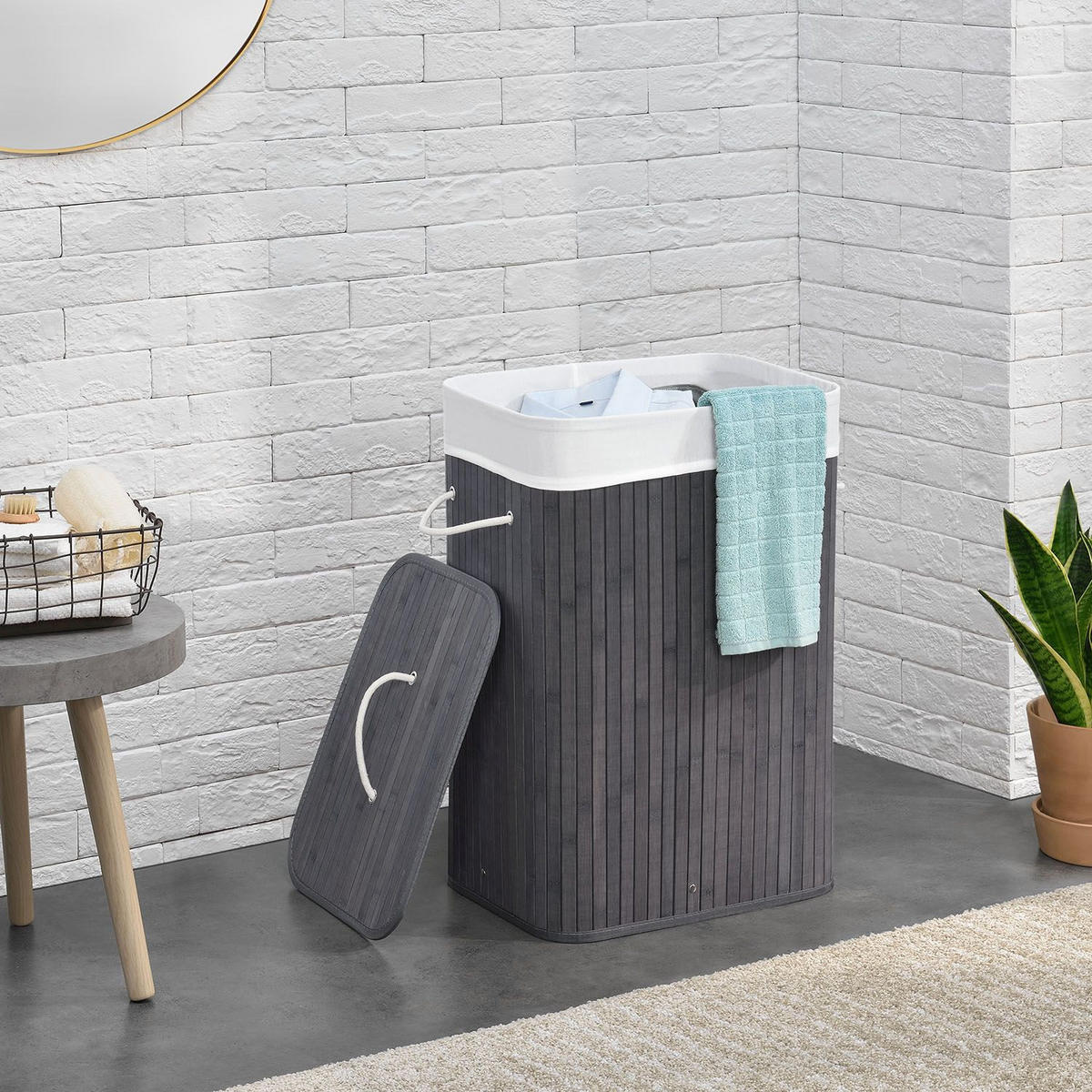 WÄSCHEKORB Curly 72 L grau - Grau, Holz (40/60/30cm) - Juskys