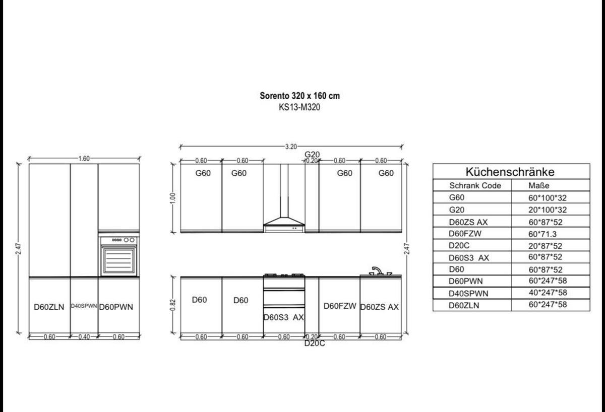 KÜCHENZEILE 320 x 160 cm - Sorento KS13-M320 - in Dunkle Eiche - Eichefarben/Schwarz, Holz/Metall (480/247/58cm)
