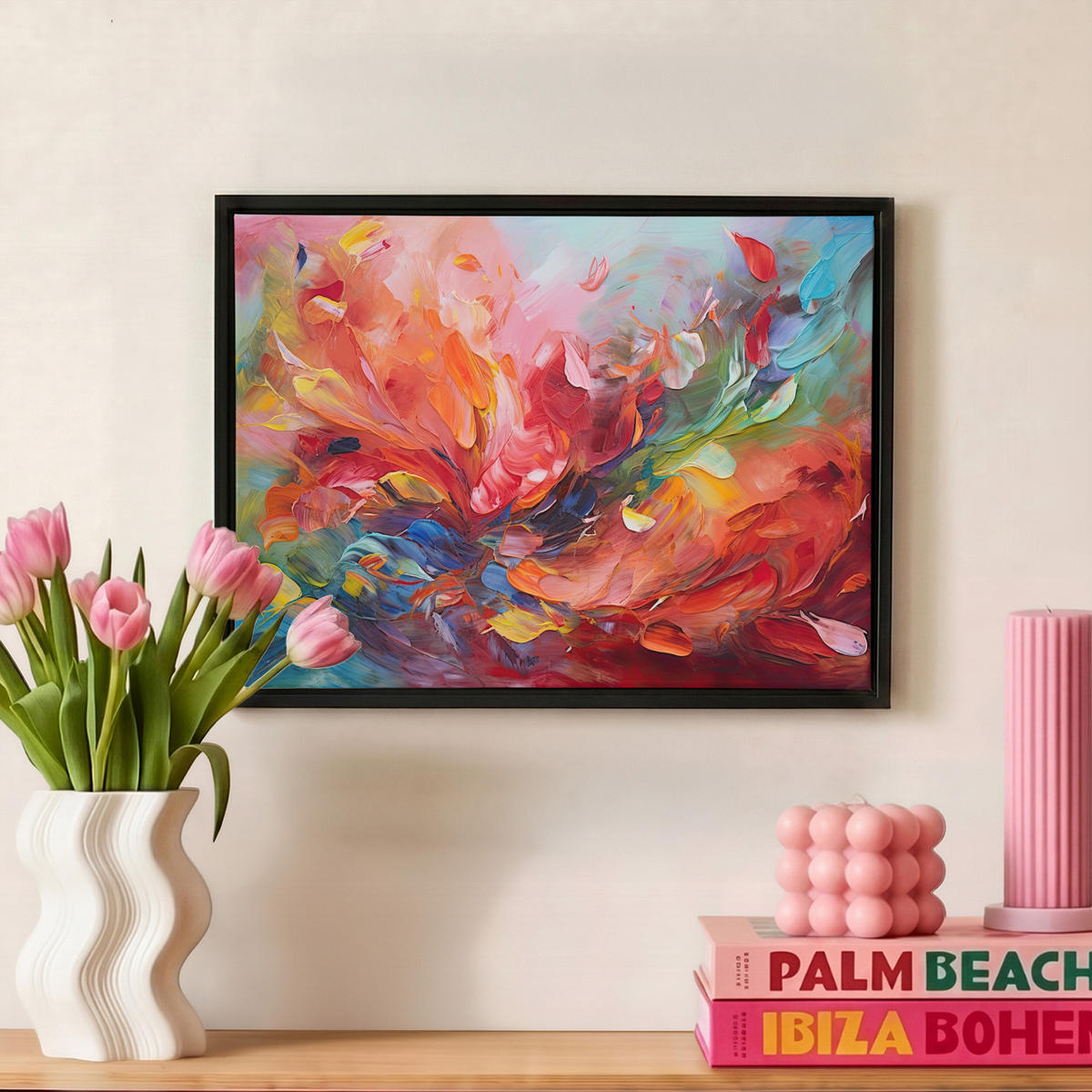 LEINWAND Bilder mit Rahmen - Ölgemälde - Kunst - Abstrakt - Farbenfroh - 40x30 - Altrosa, Textil (40/30cm) - MuchoWow