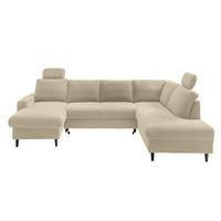 WOHNLANDSCHAFT mit Schlaffunktion Bettkasten Wellenunterfederung, 2 Kopfstützen, U-Form B305/T200/H88 cm, Cord Beige Grau / 17205 - Greige/Beige, Holz/Textil (305/88/200cm) - luma-home