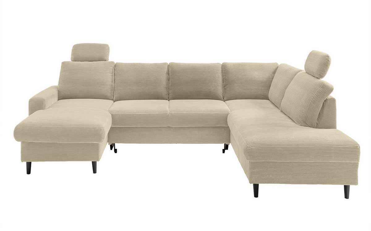WOHNLANDSCHAFT mit Schlaffunktion Bettkasten Wellenunterfederung, 2 Kopfstützen, U-Form B305/T200/H88 cm, Cord Beige Grau / 17205 - Greige/Beige, Holz/Textil (305/88/200cm) - luma-home