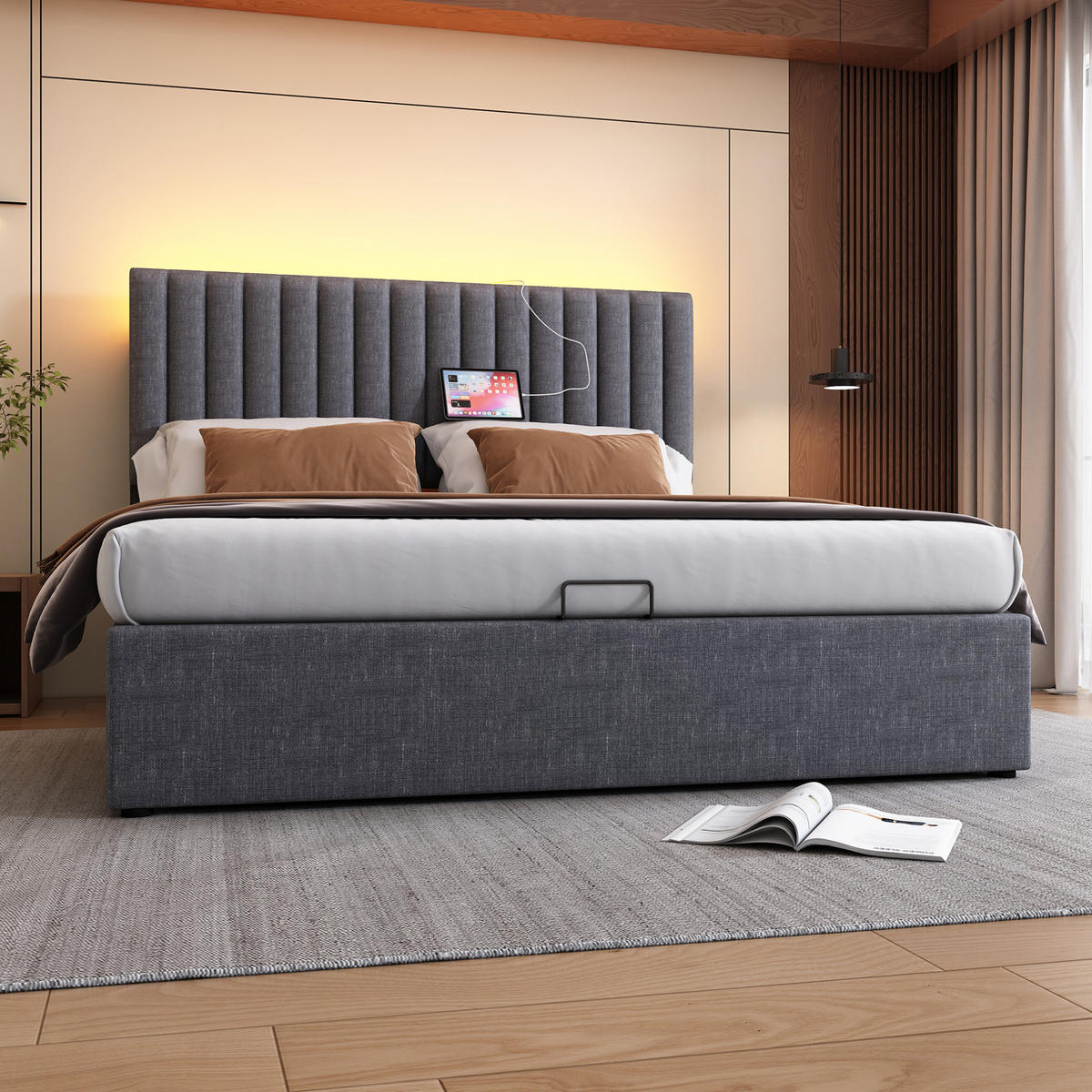 POLSTERBETT mit Stauraum und LED 160x200 cm Leinen Grau - Grau, Metall (160/200cm) - Meubliv