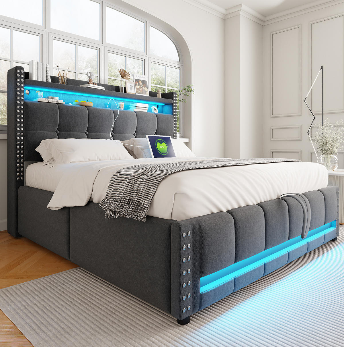 POLSTERBETT 160/200 cm mit Bettkasten, LED-Beleuchtung und USB in Grau - Grau, Textil (160/200cm) - BEAOK