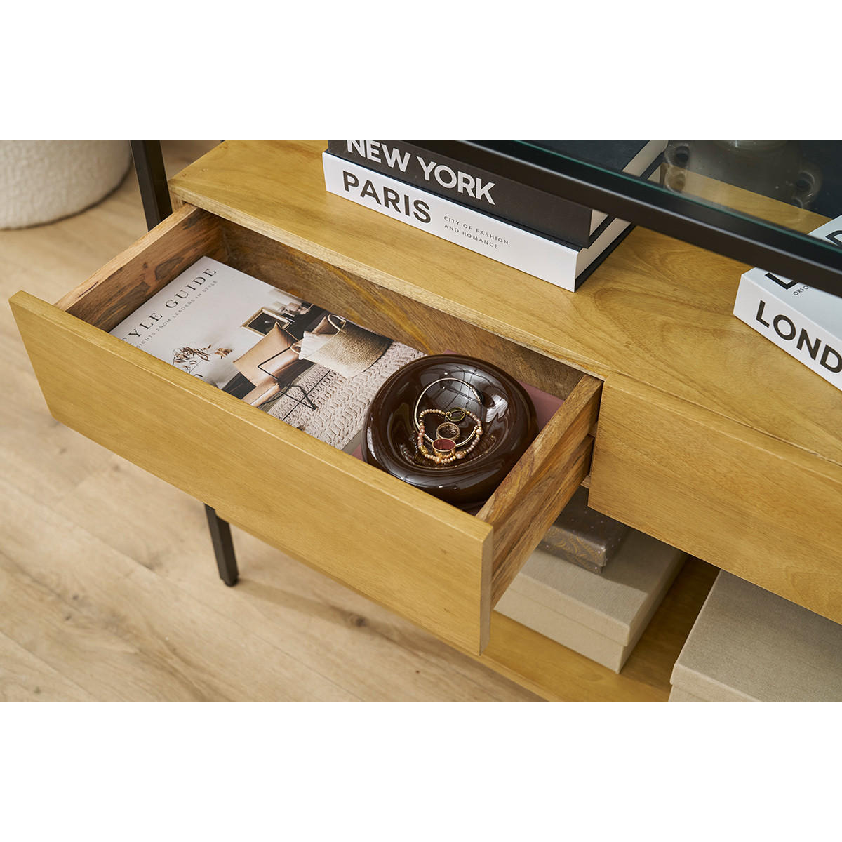 KONSOLE Massiv Mangoholz Glasplatte 2 Schubladen B100 SITA - Eiche Bianco, Holz (100/30/80cm) - Miliboo