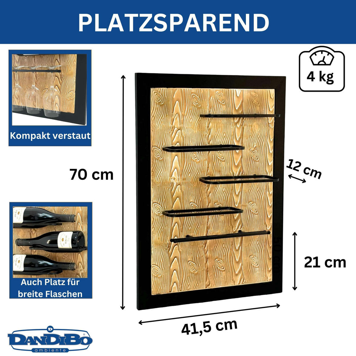 WEINREGAL Wand mit Glashalter Metall Schwarz 50/12/70 cm - Schwarz, Metall (50/70/12cm) - DanDiBo