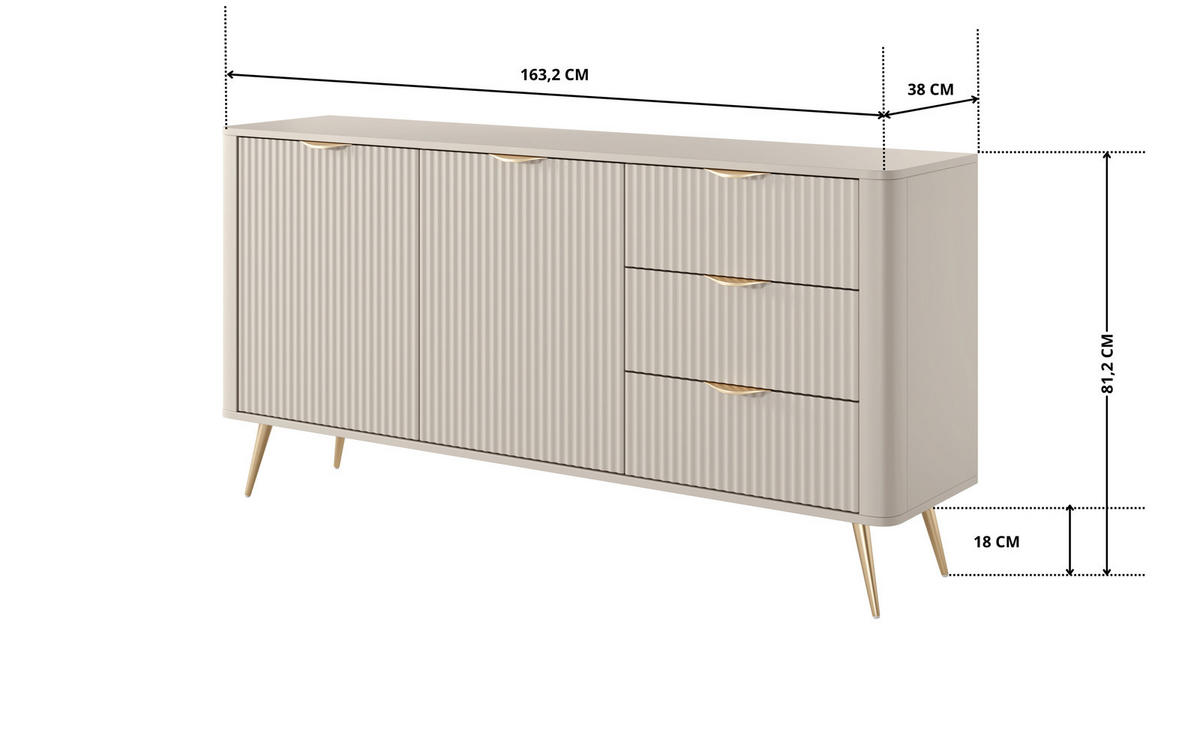 SIDEBOARD Flore 163 cm Beige / Gold - mit 3 Schubladen und 2 Türen - Riffel-Optik - Beige/Gelb, Holz/Holzwerkstoff (163/81/38cm) - Ravio