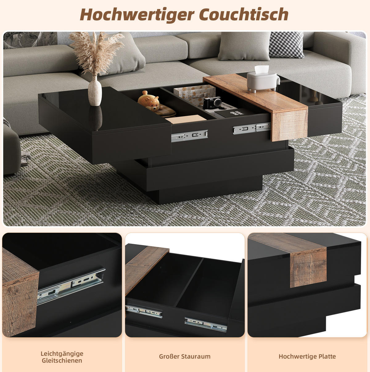COUCHTISCH 70/70/39 cm mit ausziehbarer Tischplatte, verstecktem Stauraum und Hochglanzoberfläche aus MDF, Schwarz - Schwarz, Holzwerkstoff (70/70/39cm) - Modfu