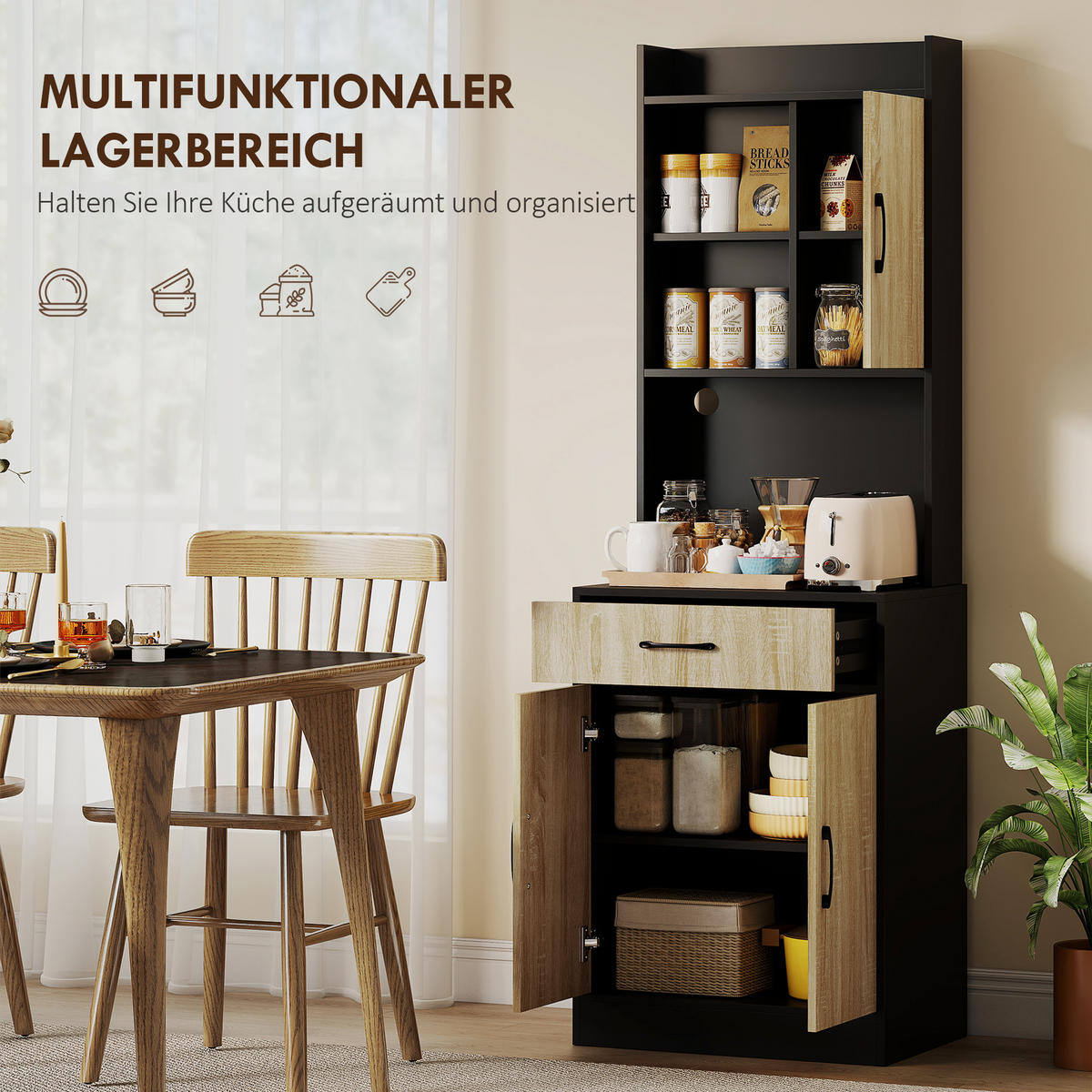 KÜCHENSCHRANK Hochschrank mit 3 Türen, Schublade, Mikrowellenablage, Kabelloch - Schwarz, Holzwerkstoff (40/180/60cm) - HOMCOM