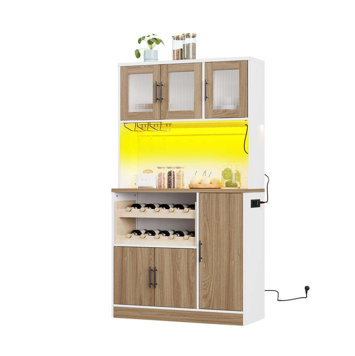 KÜCHENSCHRANK aus MDF 100x40x180 cm Weiß/Natur mit LED-Beleuchtung, Steckdosenleiste und Weinregal - Weiß, Holzwerkstoff (100/180/40cm) - IVMEU