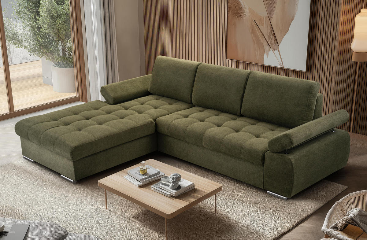 ECKSOFA SANDRO Grün Geflochtener Stoff mit Schlaffunktion - Grün, Holz (277/201cm) - MASSENO