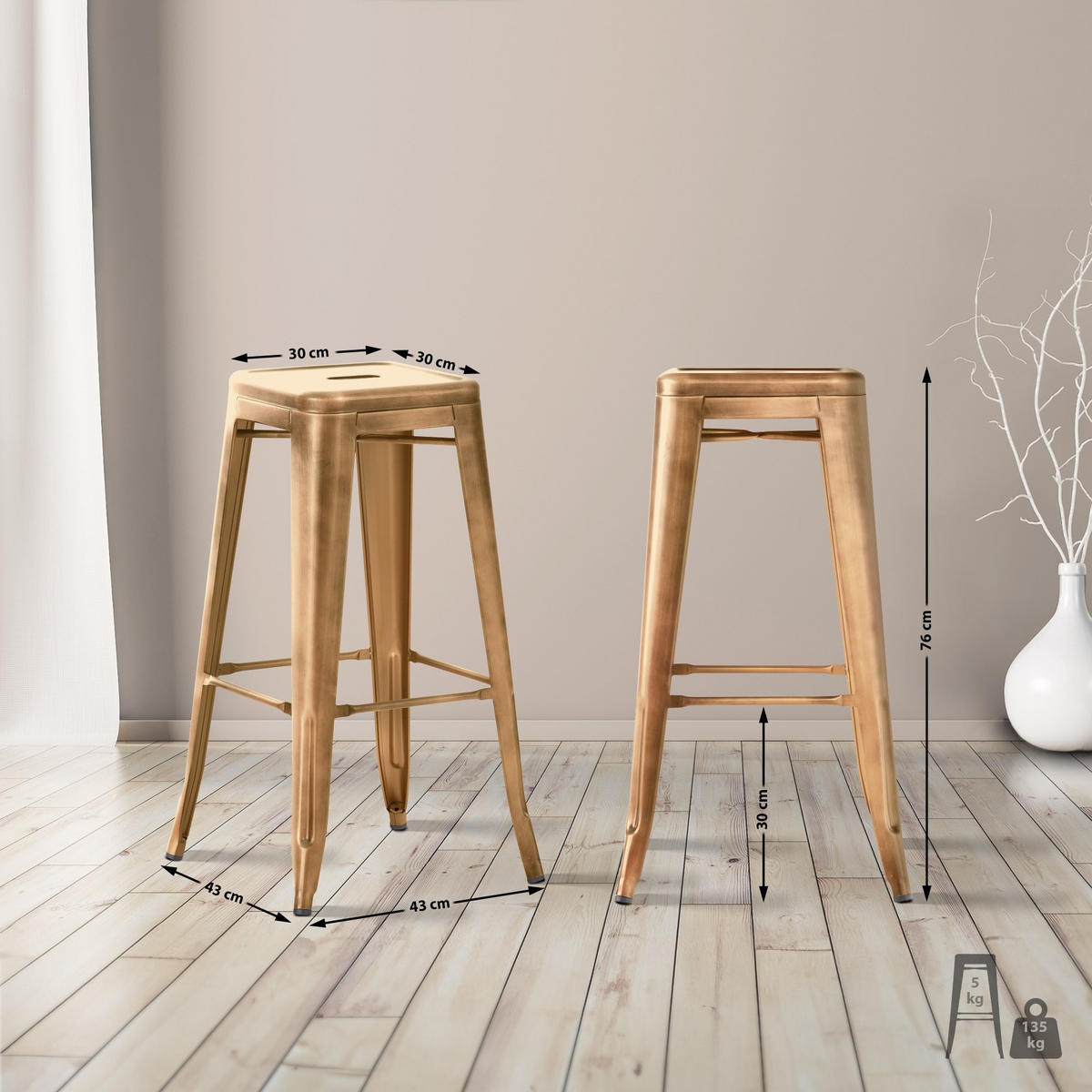 BARHOCKER Joshua 2er Set 43x43x76 cm Gold - Goldfarben, Metall (43/76/43cm) - furnicato