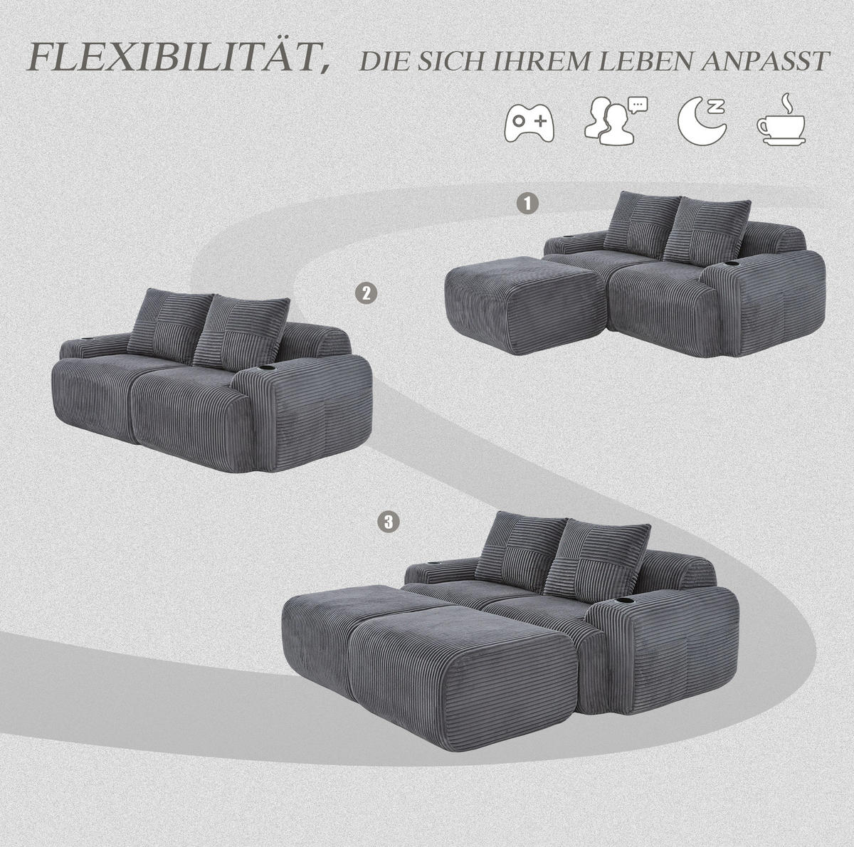 MODULARES 2-Sitzer Sofa Cordstoff mit Getränkehalter und Seitentasche 200/174/80 cm Dunkelgrau - Dunkelgrau, Textil (174/80/200cm) - Redom