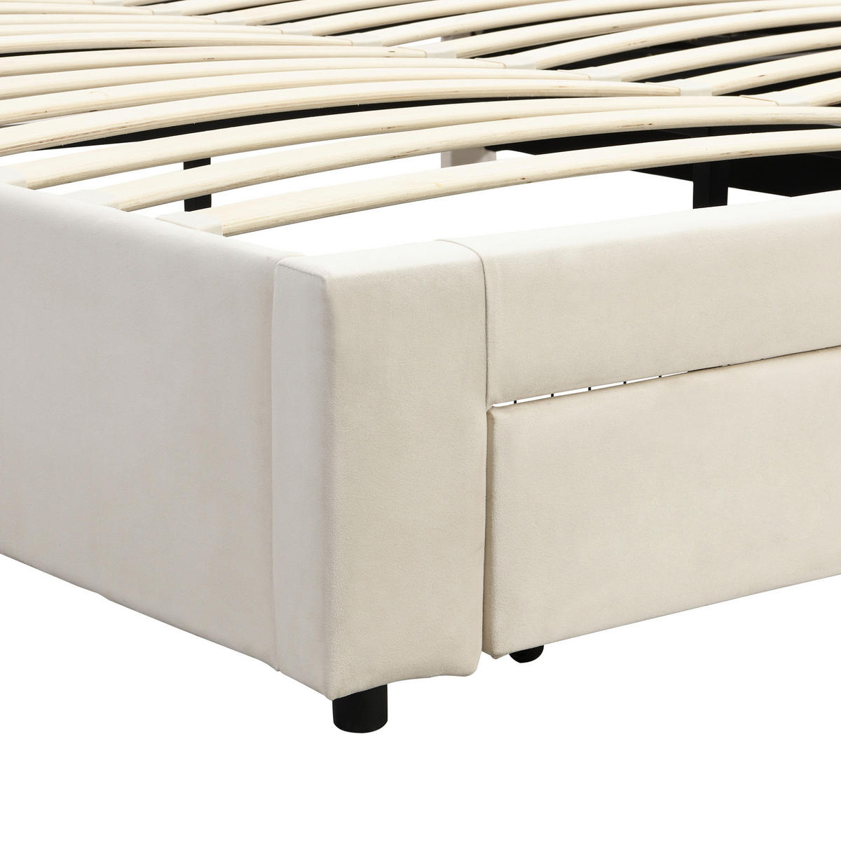 ČALOUNĚNÁ postel ze sametu 160x200 cm béžová s nastavitelným čelem, hydraulickým úložným prostorem a zásuvkami - béžová, textil (160/200cm) - Modfu