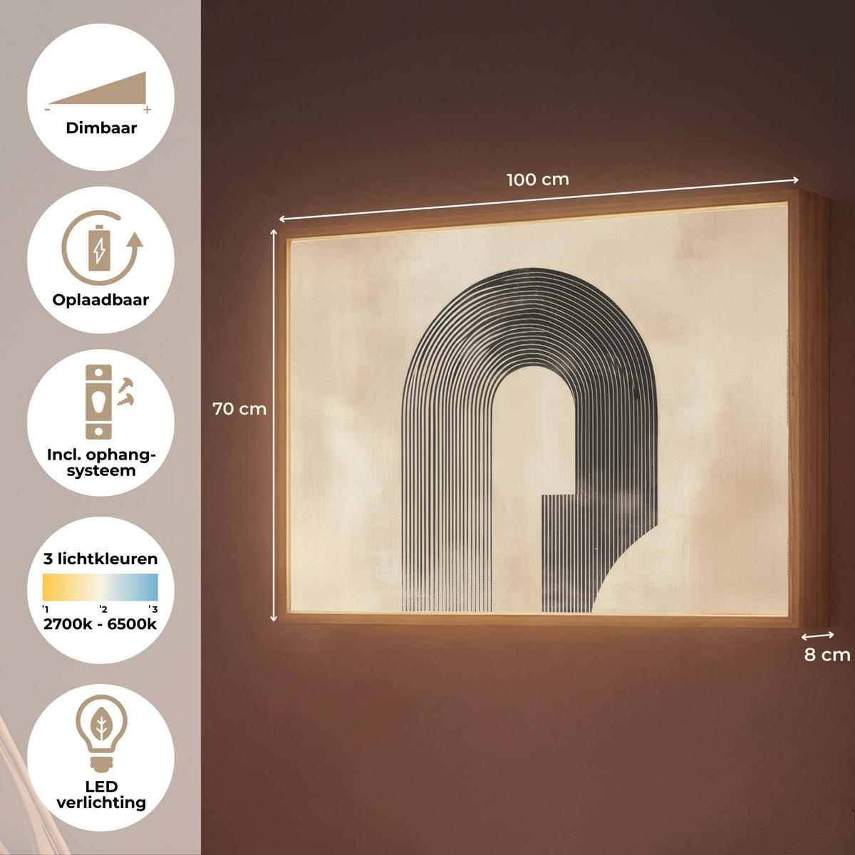 NÁSTĚNNÁ LAMPA S AKUMULÁTOREM Luk - Pruhy - Minimalistický - Černý 100x70 cm - béžová, kompozitní dřevo (100/70/8cm) - OnlyWow