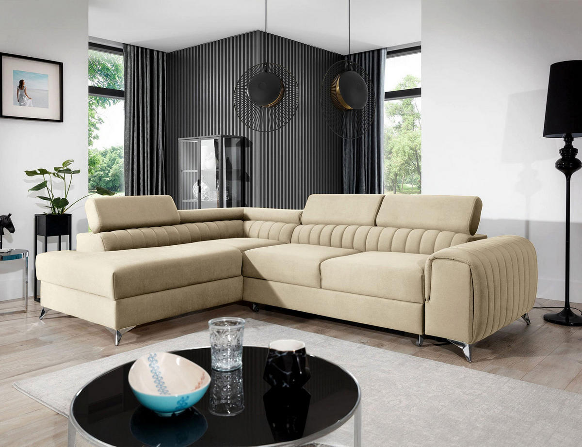 ECKSOFA Laurence mit Schlaffunktion & Bettkasten – 278 x 205 cm, verstellbare Kopfstützen - Beige, Kunststoff (278/205cm) - Wohnideebilder