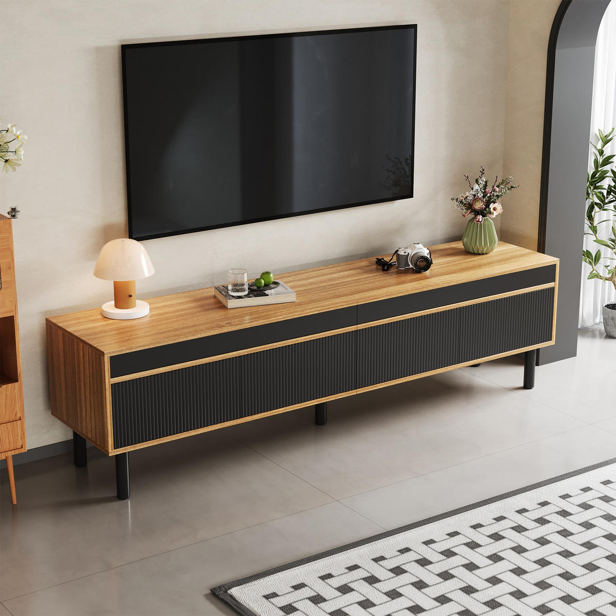 TV Lowboard 170x38x47,7 cm, 4 Türen, Schwarz Natur - Schwarz, Holz (170/47/38cm)