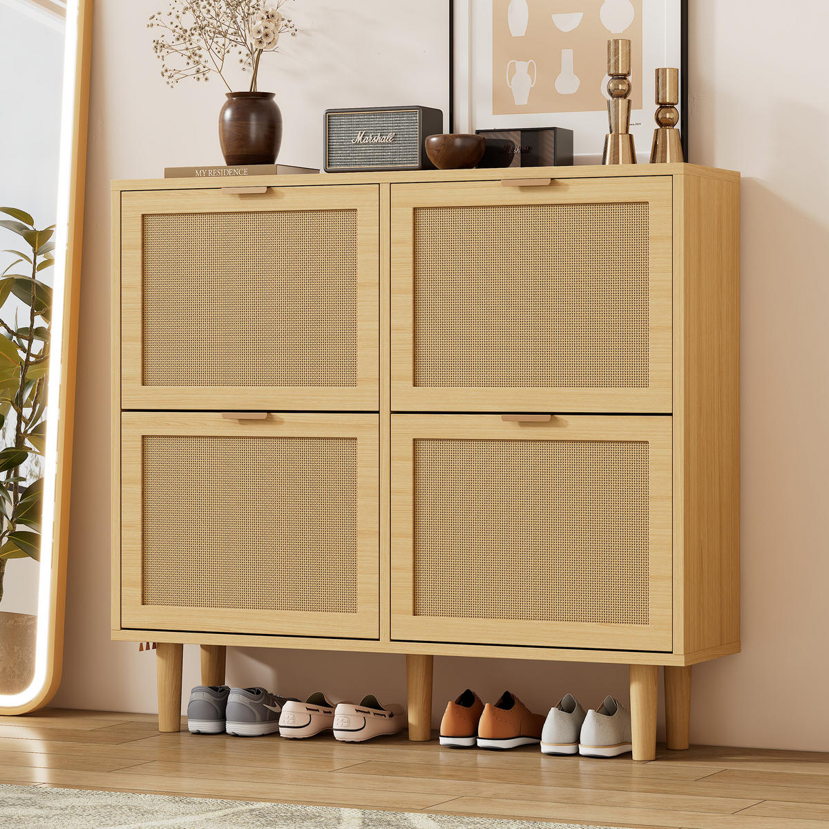 SCHUHSCHRANK 100/25/90 cm in Eichefarben mit Rattanfronten und 4 Klappen - Naturfarben, Holzwerkstoff (100/90/25cm) - Flora Grace