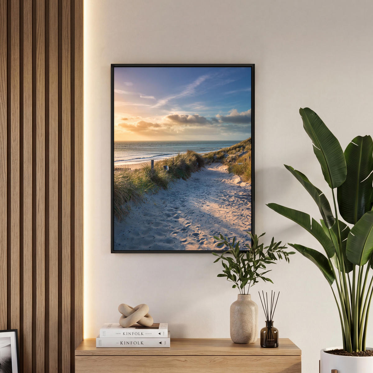 LEINWAND Bilder mit Rahmen - Sonnenuntergang - Strand - Düne - Gras - Ufer - 50x70 - Sandfarben, Textil (50/70cm) - MuchoWow