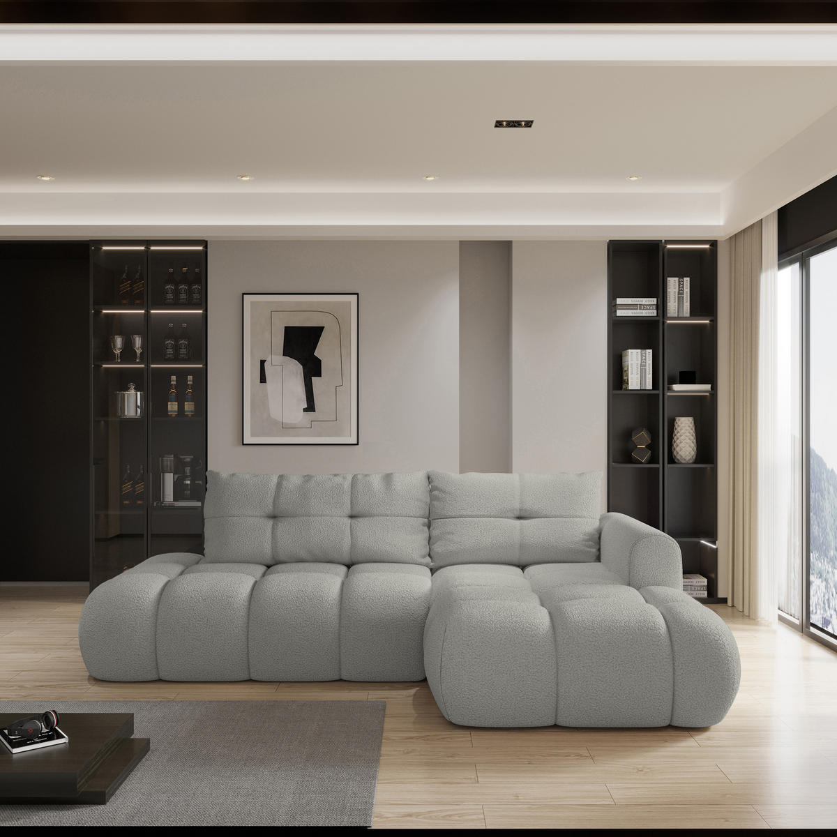 ECKSOFA FLUMA R-S Hellgrau Boucle-Stoff mit Schlaffunktion - Hellgrau, Holz (274/165cm) - MASSENO