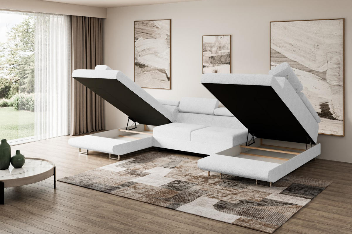 WOHNLANDSCHAFT mit Schlaffunktion und Bettkasten GUSA-U 342x202x107 cm Weiß Bouclé - Silberfarben/Weiß, Holzwerkstoff/Textil (342/107/202cm) - ALTDECOR