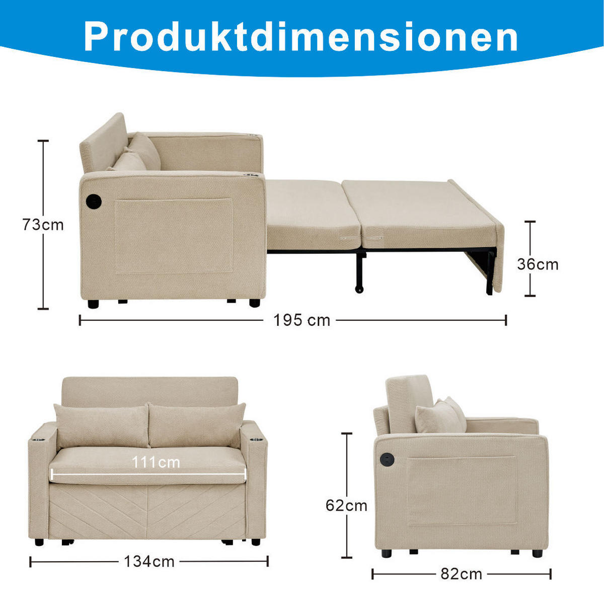 SCHLAFSOFA 3-in-1 mit USB 2-Sitzer Beige - Beige, Holz (134/73/195cm) - Meubliv