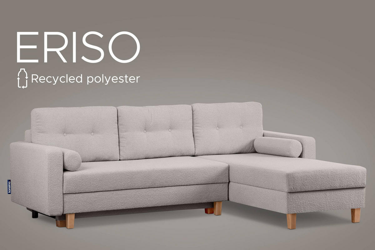 ECKSCHLAFSOFA ERISO 3/4 Sitzer und Universalecke mit Ottoman, Bouclé-Stoff, aschfahl - Hellgrau/Braun, Textil (240/183cm) - KONSIMO®