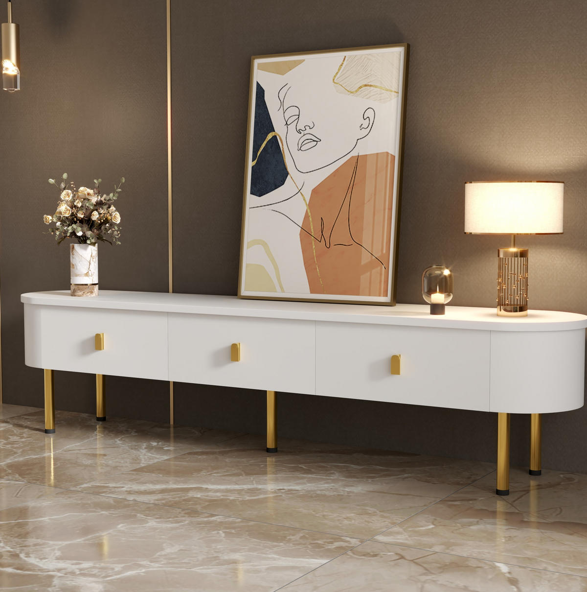 TV-SCHRANK in Weiß lackiert mit 3 Schubladen und goldfarbenen Beinen 174/35/41 cm - Weiß, Holzwerkstoff (174/41/35cm) - Redom