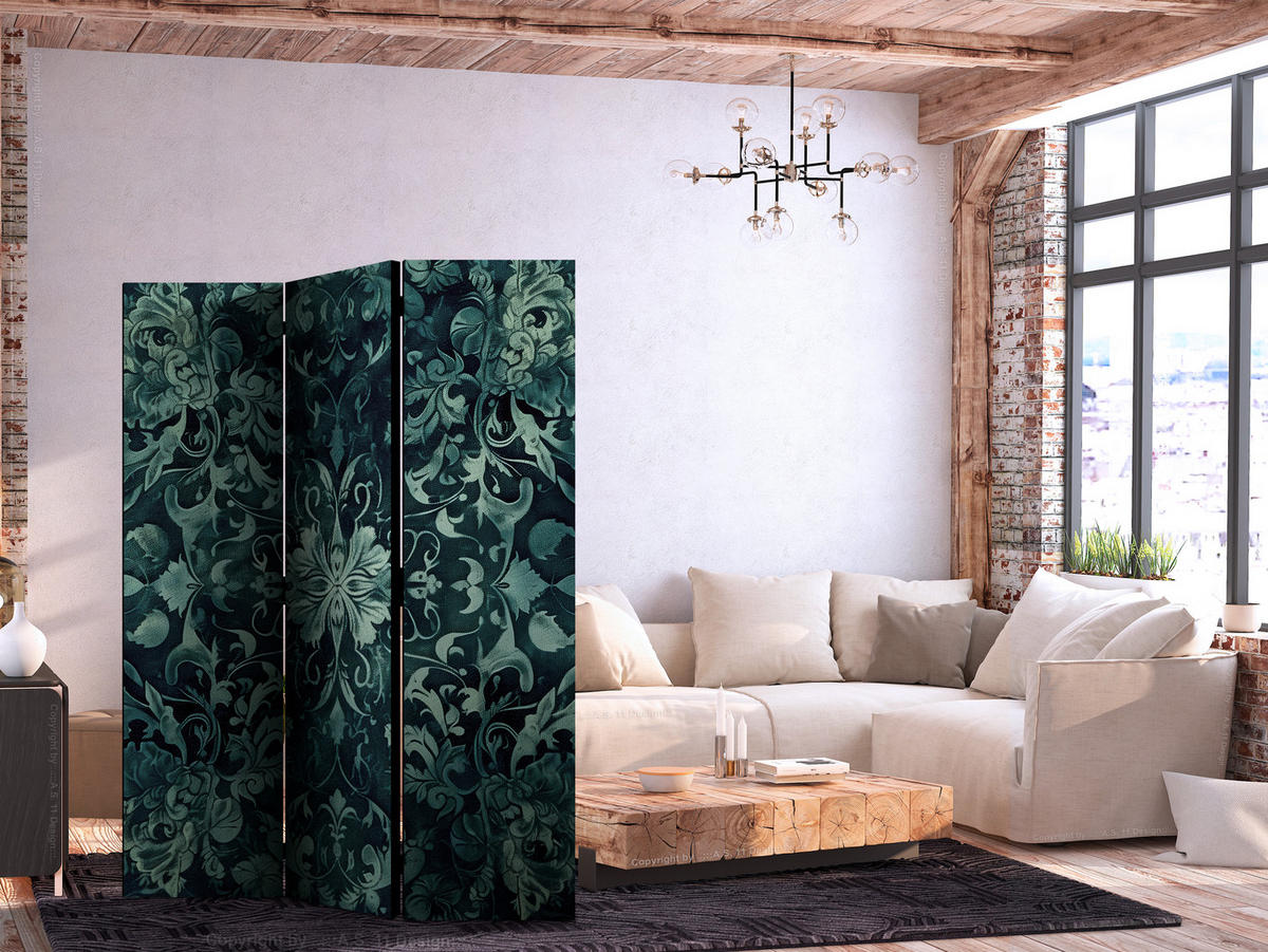PARAVENT Einseitig Bedruckter 3-tlg 135x172 cm Smaragdgr ne Ornamente - Grün, Holz/Textil (135/172/3cm) - Muralo
