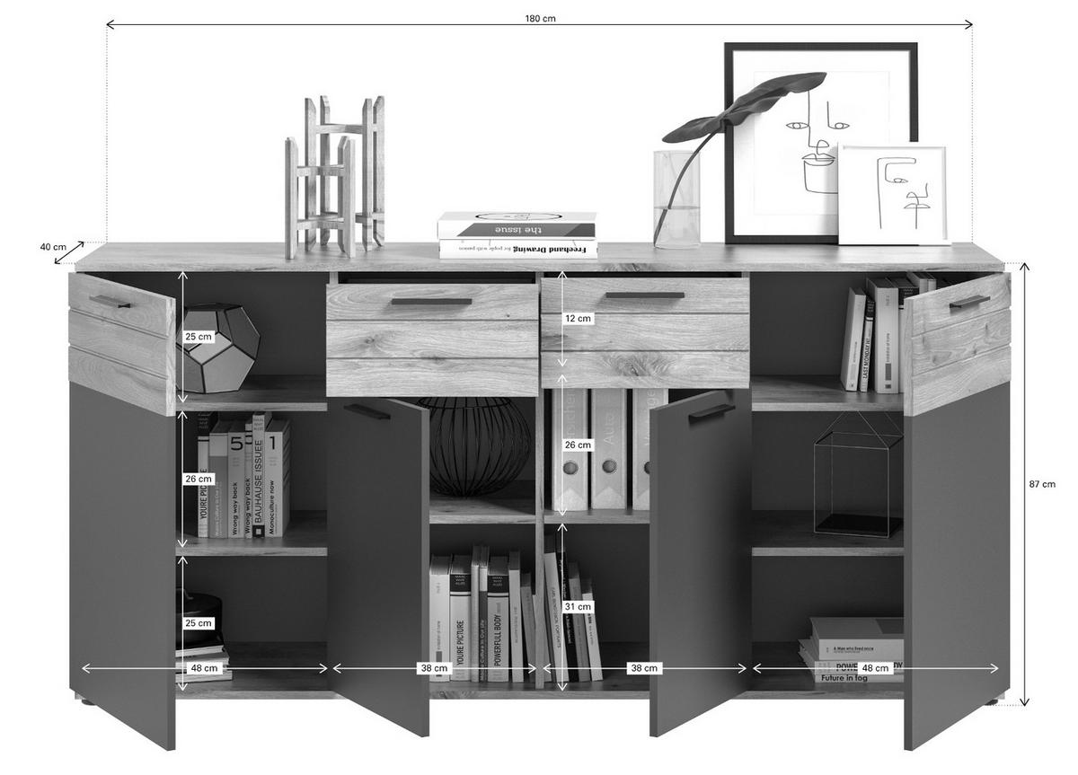 SIDEBOARD Eiche, grau 180 cm, Kommode mit Soft-Close, Wohn- und Esszimmermöbel - Eichefarben/Schwarz, Holzwerkstoff/Kunststoff (180/87/40cm) - Inn.Furn