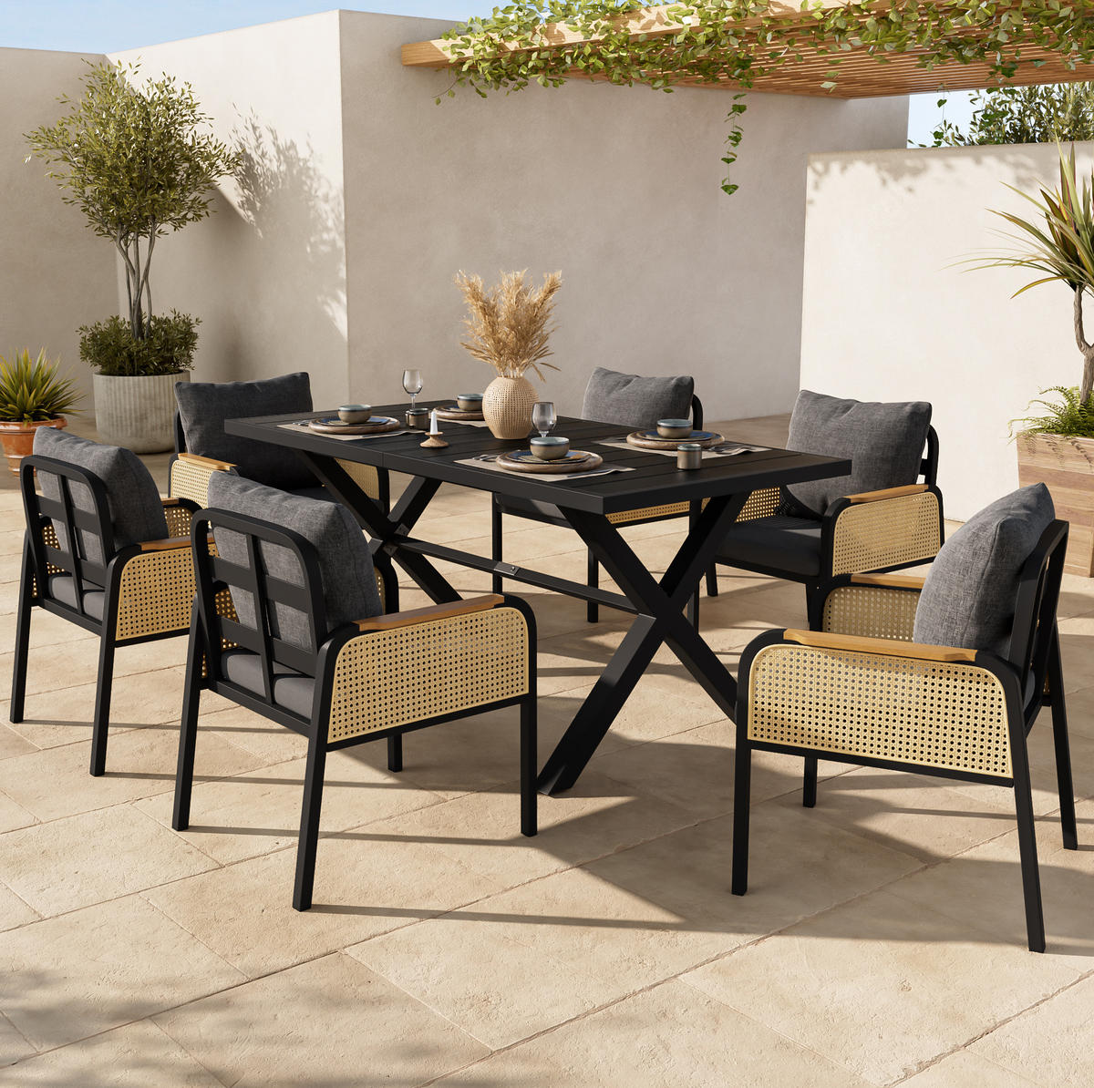 GARTENMÖBELSET 7-tlg. mit Tisch und 6 Stühlen Schwarz/Natur - Schwarz, Metall - Beauniv