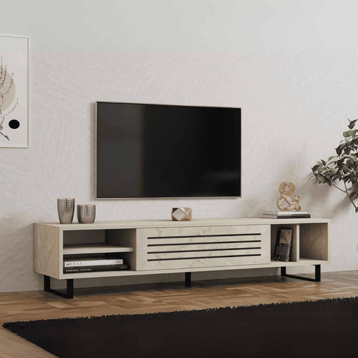 TV-MÖBEL mit 1 klapptür und 4 fächern, travertin-dekor- safir 160/40/35 cm - Beige, Holzwerkstoff (40/35/45cm) - Calicosy