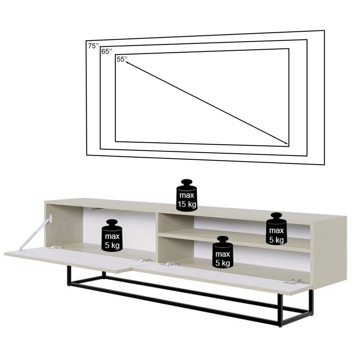 TV stolík Veldio čierny na kovovom podstavci 175 cm - čierna/zlatá, kov/kompozitné drevo (175/46.5/31.6cm) - Selsey