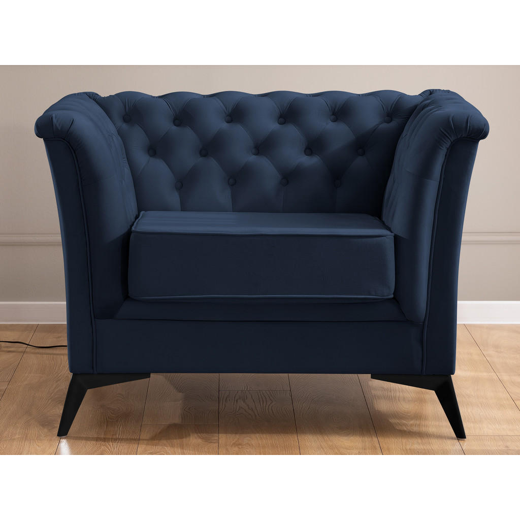 Thumbnail - S-Style Möbel Chesterfield-Sessel, Dunkelblau, Textil, Echtholz,Birke, Buche, 1-Sitzer, Füllung: Polyetherschaumkern, 11...