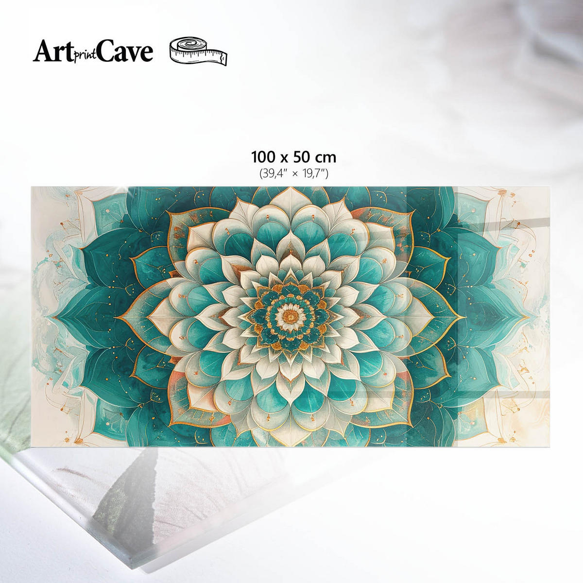 TISCHPLATTE 100x50 cm – Symmetrisches Mandala - Türkis, Glas (100/50/0.4cm) - Wallfluent