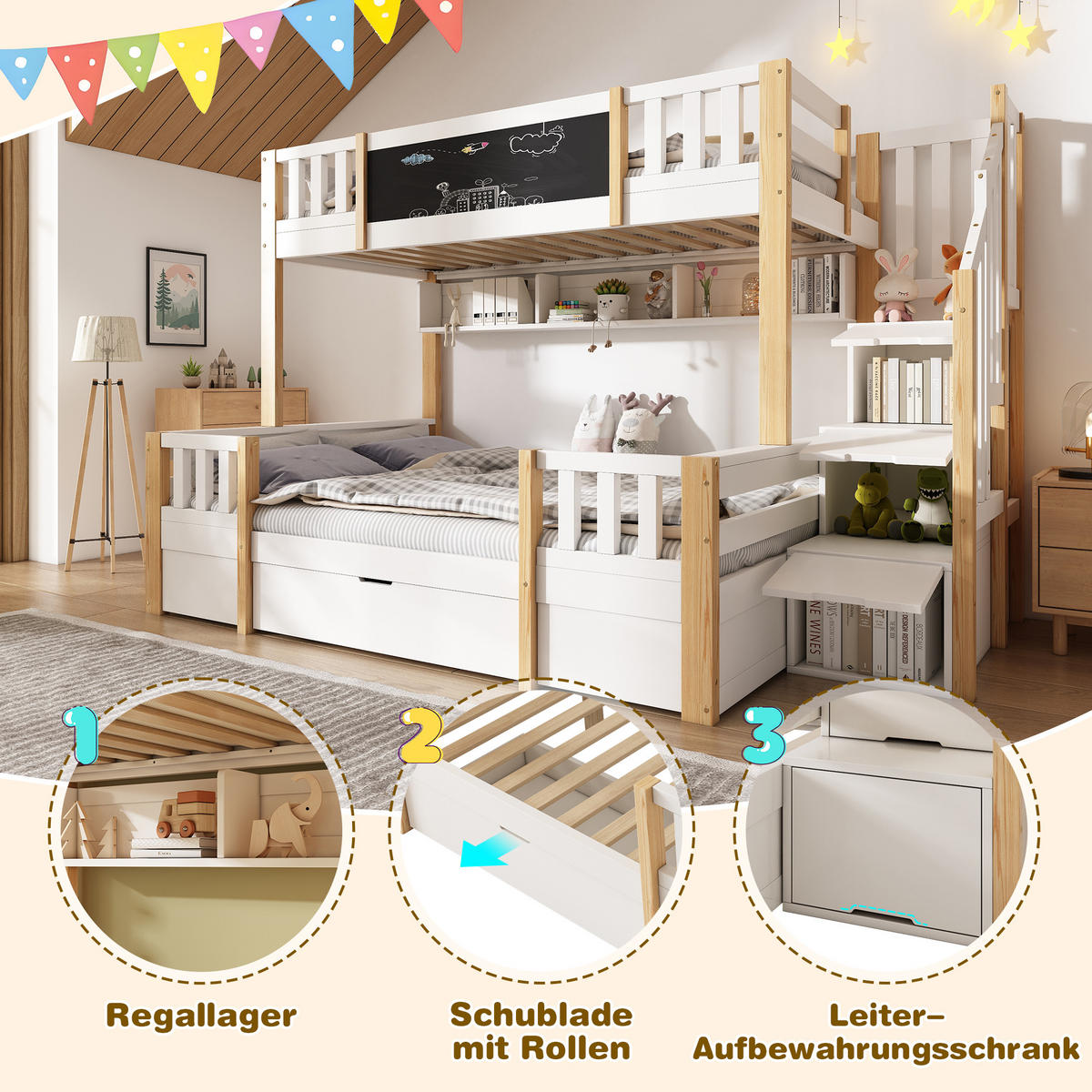 ETAGENBETT 90/200 cm & 140/200 cm in Weiß & Natur mit Schubladen, Regal und Leiterschrank - Weiß/Naturfarben, Holz/Holzwerkstoff (90/200cm) - WISHDOR