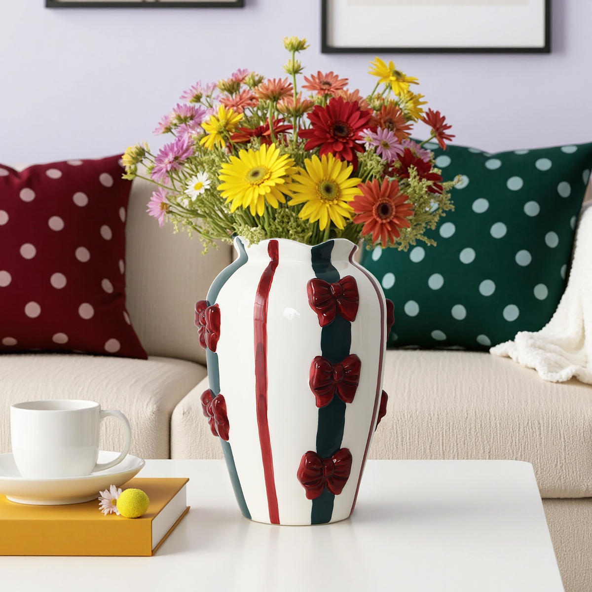 KERAMIKVASE, Schleifen-Design, D11.5 cm, H28.3 cm - Weiß, Keramik (28cm) - Hometopia