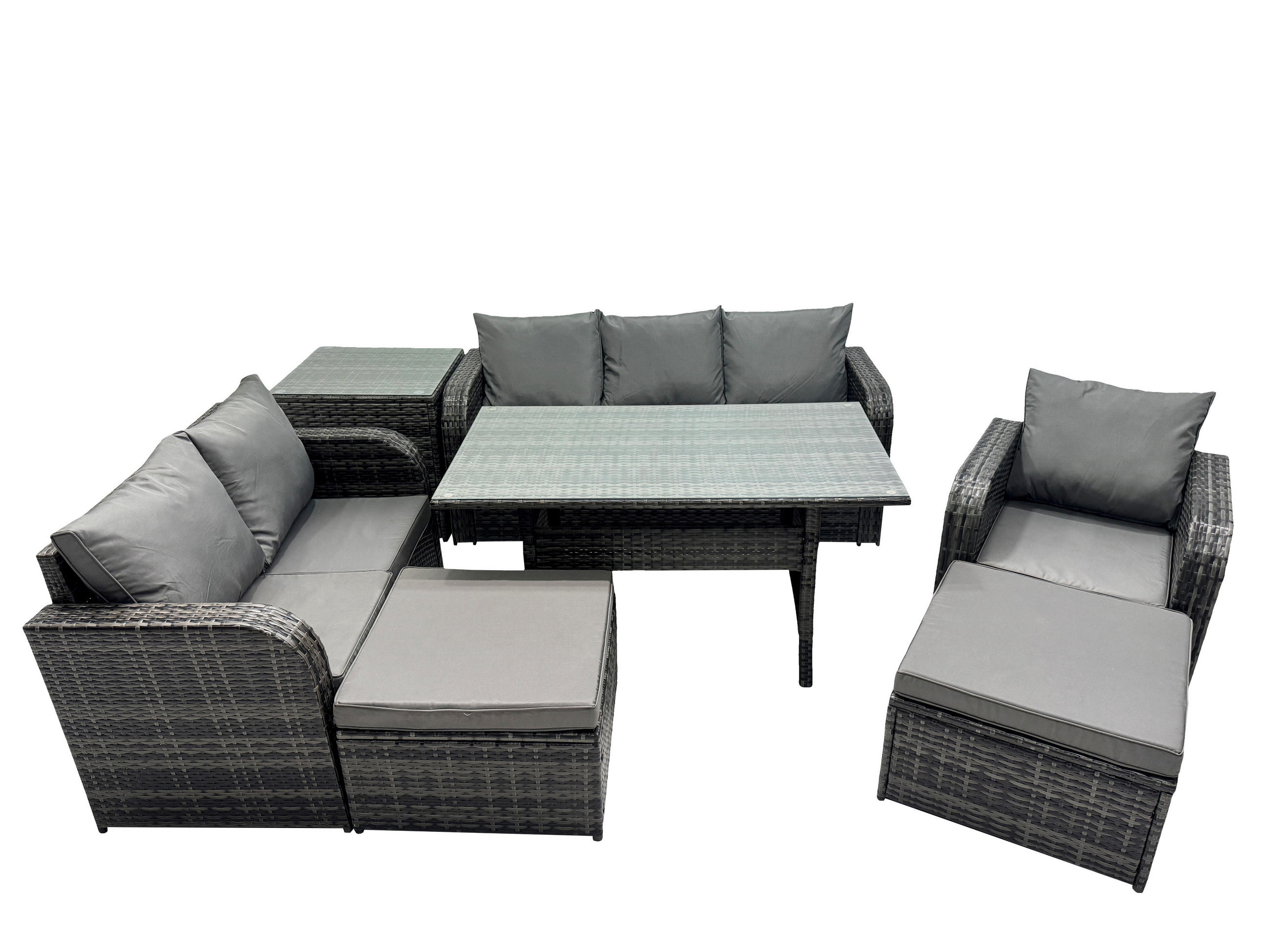 GARTENTISCHGRUPPE mit Liegestuhl,2 Hocker,Beistelltisch Polyrattan 8-Sitzer - Dunkelgrau/Grau, Glas/Kunststoff - Fimous