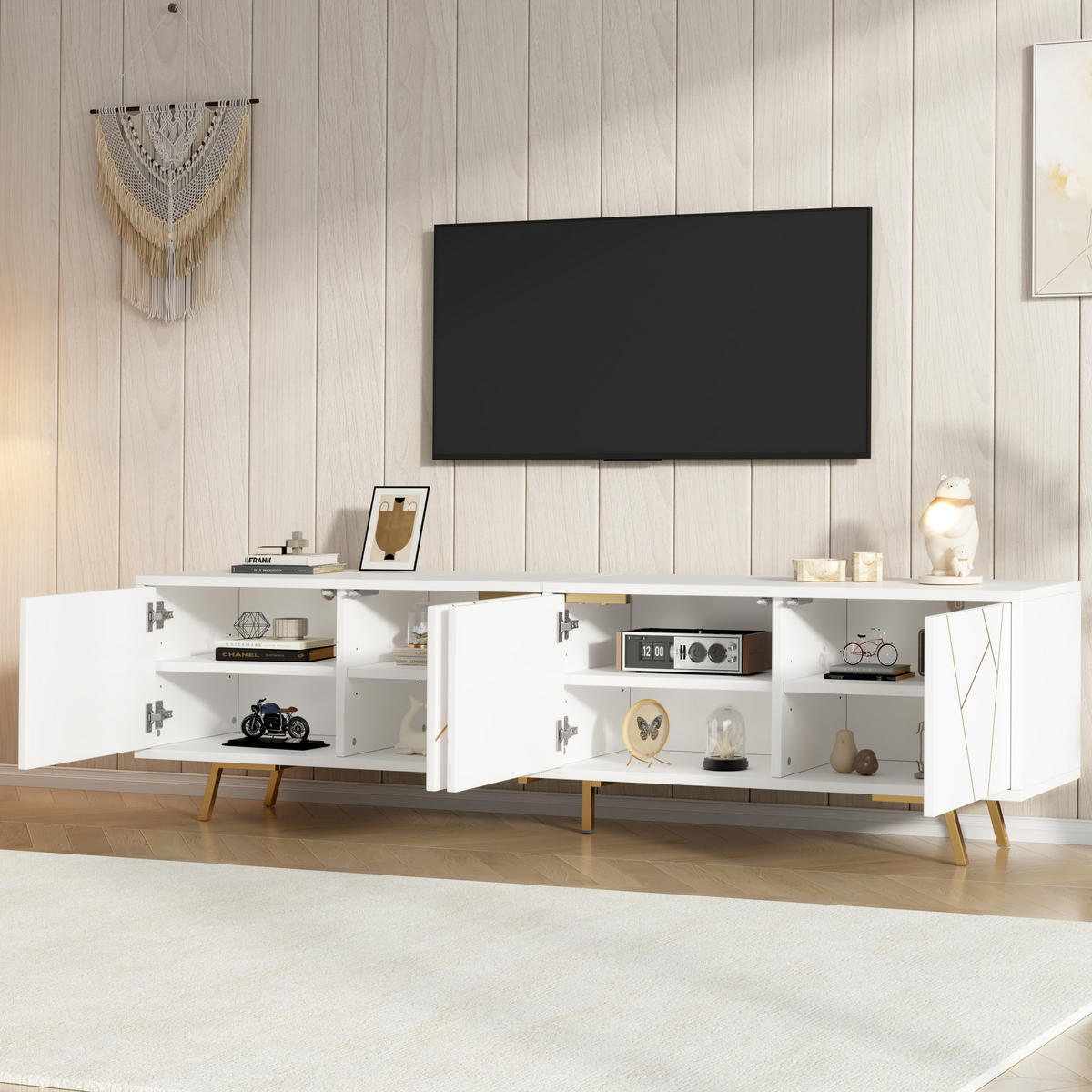 TV STOLEK bílý se 4 dvířky a 5 kovovými nohami, do obývacího pokoje, pro TV do 85", 190 × 40 × 51,5 cm - bílá/zlatá, kov/kompozitní dřevo (190/51.5/40cm) - STILVORA