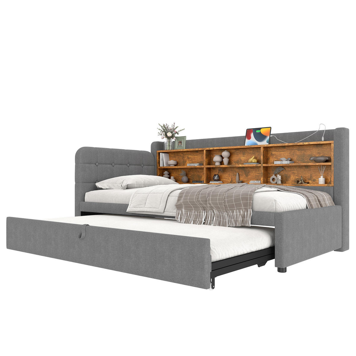 DAYBETT 90/200 cm Grau multifunktionales Ausziehbett mit USB- und Type-C-Anschlüssen aus Leinen - Grau, Textil (90/200cm) - OKWISH