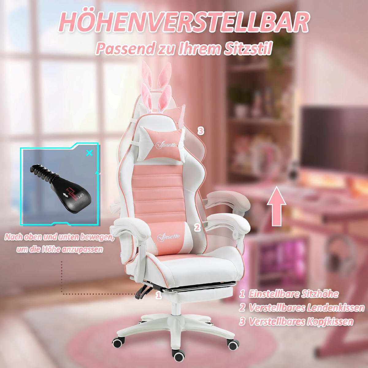 GAMING-SESSEL Rosa Kunstleder, Schaumstoff 65xx63x142 xm - Rosa, Kunststoff (63/142/65cm) - DESIGN IN